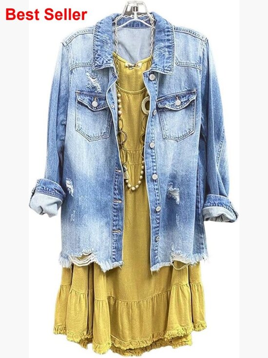 Jackets & Blazers - Distressed Denim Shirt Jacket Oversized Button Down Long Sleeve Jean Coat